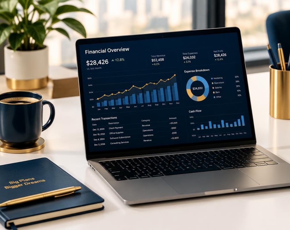 Laptop z zestawieniem finansowym